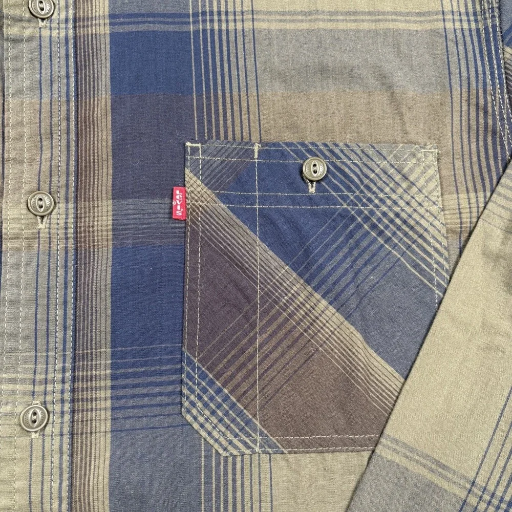 Levi's Men's Large Plaid Button Up Shirt Olive Green Navy Blue Cotton Blend